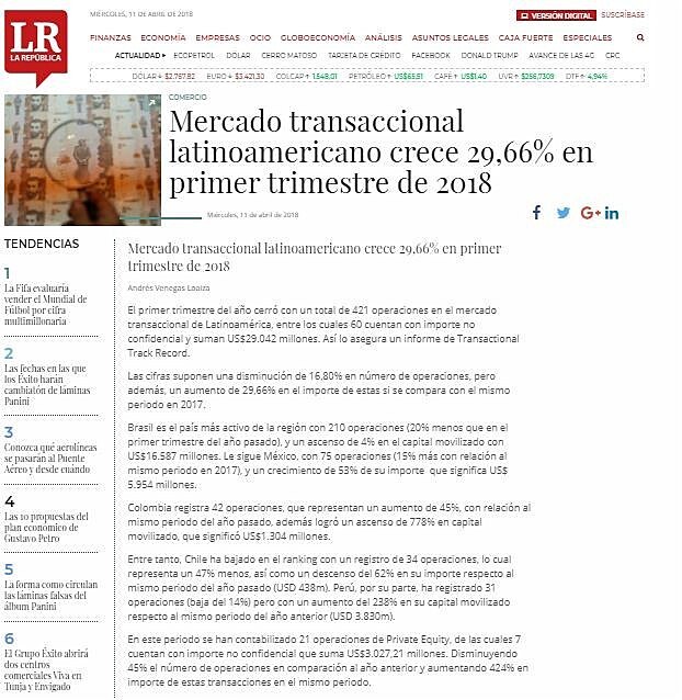Mercado transaccional latinoamericano crece 29,66% en primer trimestre de 2018